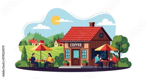 Flat vector illustration of small cafe with outdoor seating and plants in countryside. Solid pastel palette, no gradients, friendly warm atmosphere, simple lifestyle design