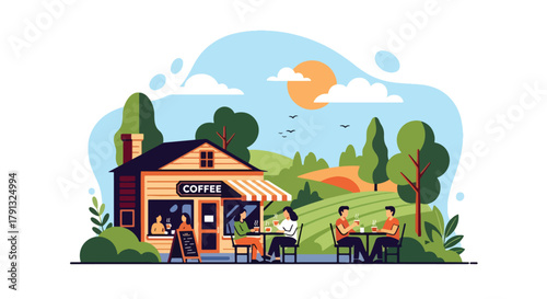 Flat vector illustration of small cafe with outdoor seating and plants in countryside. Solid pastel palette, no gradients, friendly warm atmosphere, simple lifestyle design