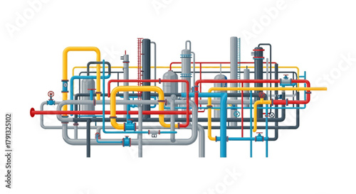 Intricate pipeline system of an industrial factory or refinery plant. Modern vector graphic for manufacturing and energy concepts