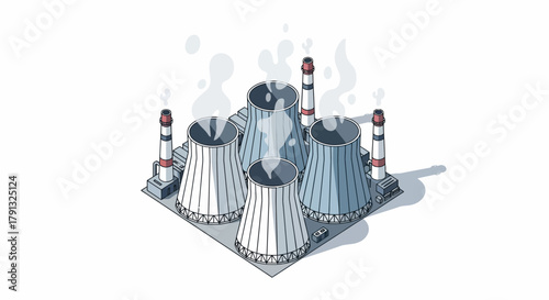 Modern isometric vector illustration of a nuclear power plant with cooling towers, representing industrial energy generation and atomic technology