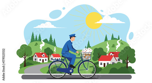 Flat vector illustration of postman on bicycle delivering letters to village houses. Solid light tones, no gradients, minimal geometric style, friendly countryside concept