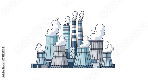 Modern flat line art illustration of an industrial power plant with cooling towers and smokestacks emitting steam, representing energy production and environmental concepts