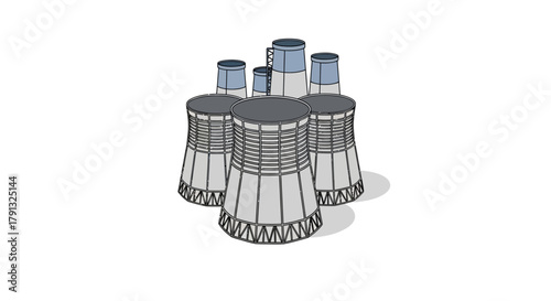 Isometric vector illustration of a nuclear power plant facility with multiple cooling towers for generating atomic electricity