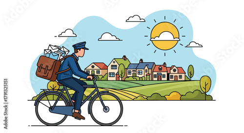 Flat vector illustration of postman on bicycle delivering letters to village houses. Solid light tones, no gradients, minimal geometric style, friendly countryside concept
