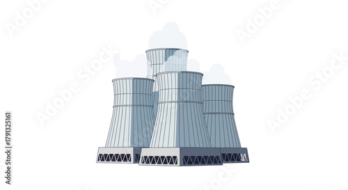 A flat design vector illustration of a nuclear power plant's cooling towers, symbolizing industrial energy production and its environmental impact