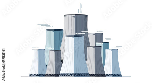 Flat design vector illustration of a nuclear power plant with cooling towers, a concept of atomic energy and electricity generation