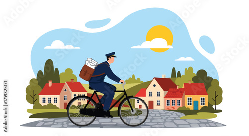 Flat vector illustration of postman on bicycle delivering letters to village houses. Solid light tones, no gradients, minimal geometric style, friendly countryside concept