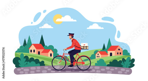 Flat vector illustration of postman on bicycle delivering letters to village houses. Solid light tones, no gradients, minimal geometric style, friendly countryside concept