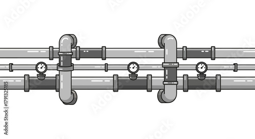 Seamless horizontal pattern of industrial pipes with pressure gauges. A monochrome illustration of a complex plumbing system or pipeline network
