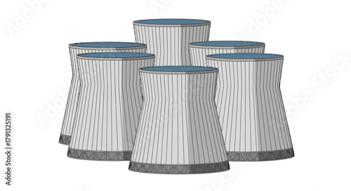 Group of industrial cooling towers from a nuclear power station, symbolizing atomic energy and electricity generation on a white background
