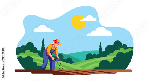 Flat vector illustration of farmer planting seeds in field during sunrise. Solid warm palette, clean minimalist design, no gradients, concept of hope, growth, and new beginnings