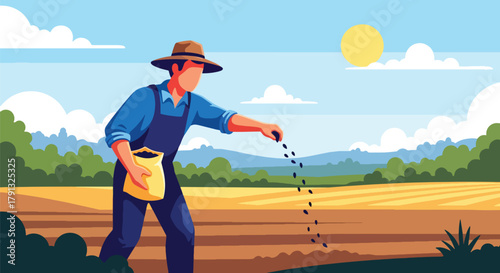 Flat vector illustration of farmer planting seeds in field during sunrise. Solid warm palette, clean minimalist design, no gradients, concept of hope, growth, and new beginnings