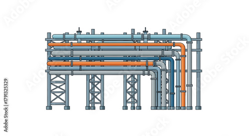 A detailed vector illustration of a complex industrial pipeline system, showcasing orange and blue pipes on a steel support trestle for energy or fluid transport