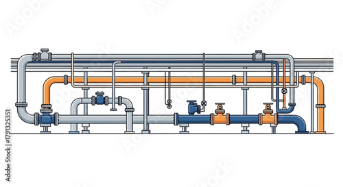 Technical illustration of a complex industrial pipeline network, showcasing an intricate system of pipes and valves for fluid flow management