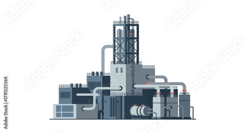 A detailed vector graphic of an industrial factory or power plant complex, illustrating modern concepts of manufacturing, energy, and mass production