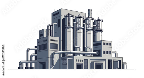 Detailed isometric illustration of an industrial factory building with pipes and towers, representing manufacturing and production technology