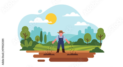 Flat vector illustration of farmer planting seeds in field during sunrise. Solid warm palette, clean minimalist design, no gradients, concept of hope, growth, and new beginnings