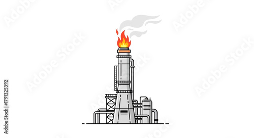 An industrial oil refinery or gas processing plant with a burning flare stack, representing energy production and air pollution