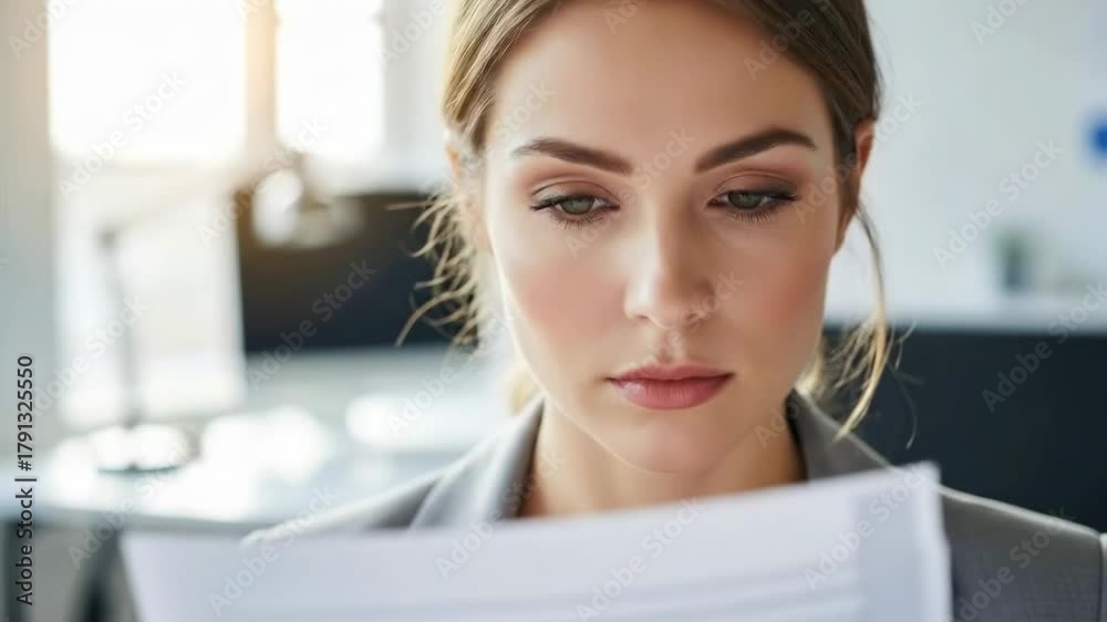 Linda empresária brasileira concentrada estudando documentos, close-up, cena de escritório, traje profissional, expressão focada, elegante, iluminação realista, ambiente de trabalho