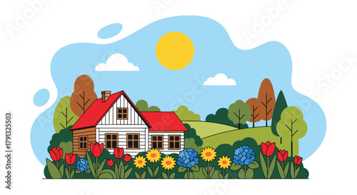 Flat vector illustration of cozy traditional wooden house surrounded by garden and trees. Solid warm palette, clean geometric forms, no gradients, peaceful countryside life