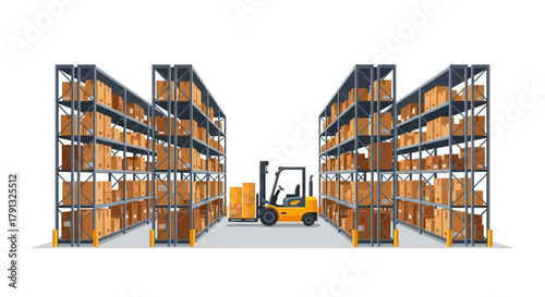 Vector illustration of a modern warehouse interior with metal shelving, cardboard boxes, and a forklift for efficient logistics and distribution concept