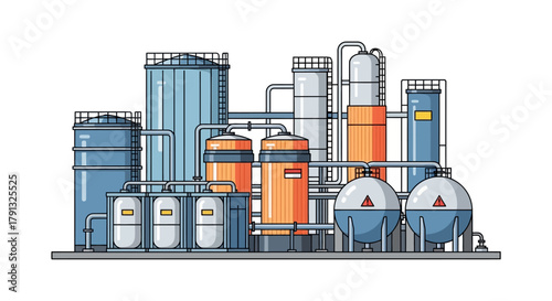 Vector illustration of a modern industrial factory plant with storage tanks, pipes, and processing units for chemical manufacturing or energy production