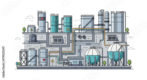 Vector illustration of a modern industrial factory with tanks, pipes, and processing equipment on a white background
