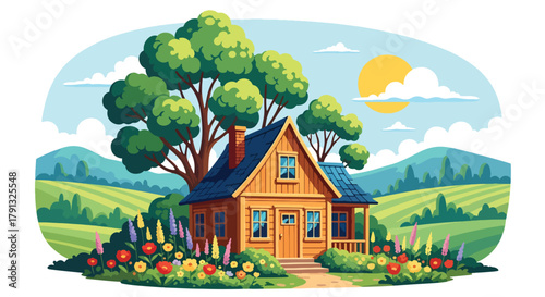 Flat vector illustration of cozy traditional wooden house surrounded by garden and trees. Solid warm palette, clean geometric forms, no gradients, peaceful countryside life