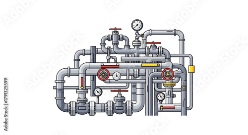 Detailed vector illustration of an industrial piping system with a complex network of pipes, valves, and gauges