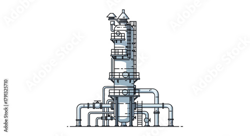 Technical line art illustration of an industrial distillation column, a symbol of chemical engineering and manufacturing processes