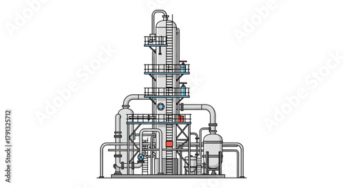 Vector illustration of an industrial chemical plant's distillation column or fractionation refinery tower for oil and gas processing