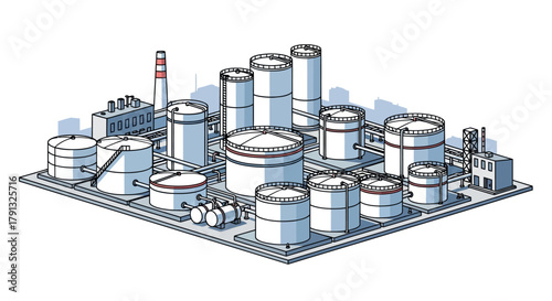 Isometric vector illustration of a large industrial complex with numerous oil and gas storage tanks, representing a refinery or chemical plant