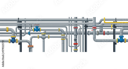 Intricate industrial pipeline system featuring a complex network of gray and yellow pipes, valves, and fittings against a clean white background