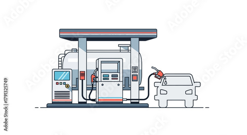 Flat line art vector illustration of a car refueling at a modern gas station. Automobile at a petrol pump concept for transportation and energy
