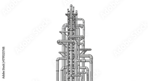 A complex 3D illustration of an intricate industrial pipeline system against a clean white background, symbolizing engineering and technological networks