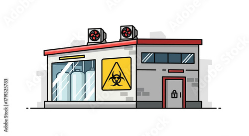 Industrial factory building with a biohazard warning symbol, representing a secure chemical laboratory or biological research facility isolated on a white background