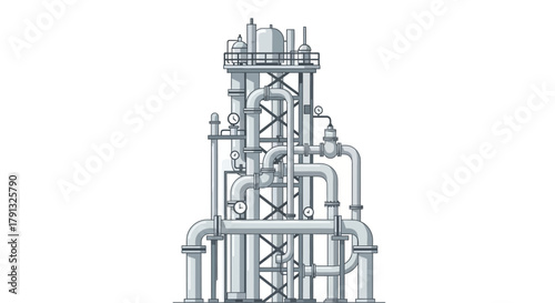 A detailed vector illustration of a complex industrial processing unit, showcasing an intricate network of pipelines, valves, and gauges for a factory