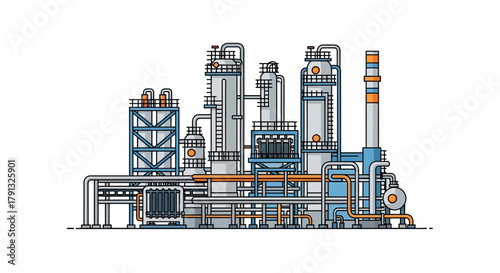 Industrial factory complex featuring processing towers and intricate piping, isolated vector illustration of a chemical plant or oil refinery