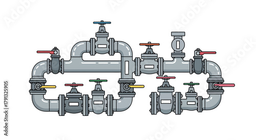 An elaborate industrial pipeline system with a network of interconnected pipes, valves, and gauges for flow control