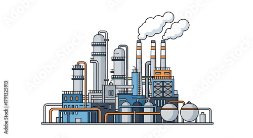 A modern flat line art illustration of an industrial factory building, representing manufacturing processes and energy production concepts