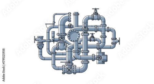 Vector illustration of a complex industrial pipeline system, symbolizing intricate networks, engineering infrastructure, and complicated processes