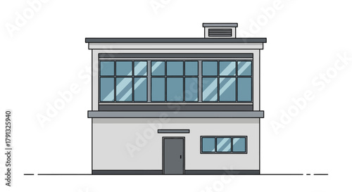 Modern two-story industrial office building with large windows, depicted in a clean flat line vector illustration style on an isolated background