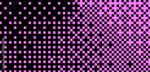vector illustration features a geometric, abstract style with pink squares on a black background. The pattern gradually transitions from sparse to dense, creating a dynamic, digital pixel-art effect.
