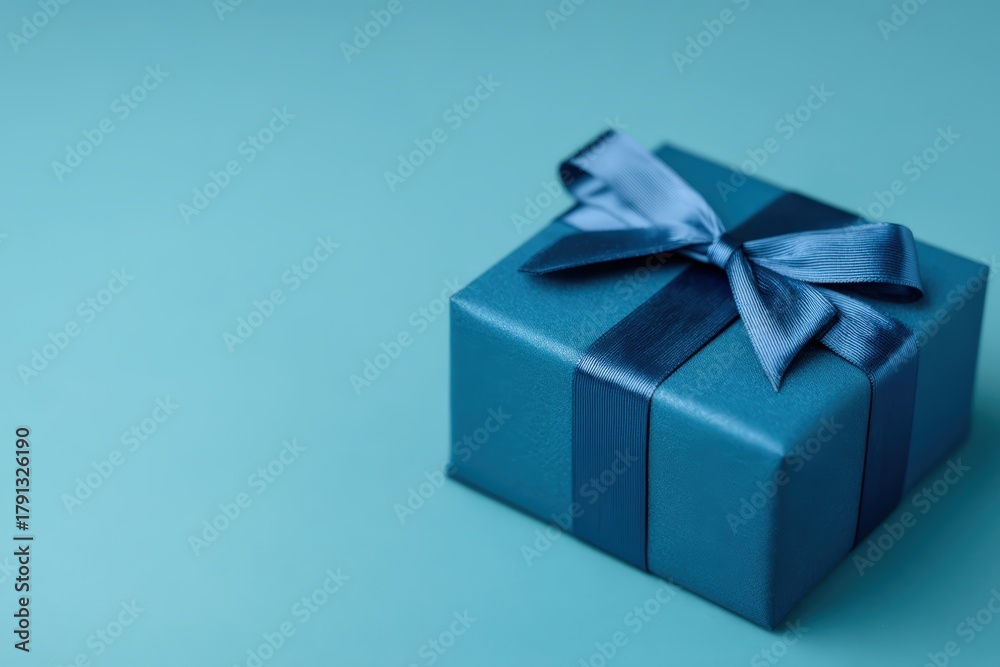 Obraz premium Blue gift box with a satin ribbon on a teal background, offering space for text. Representing gifting, special occasions, and appreciation