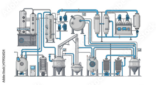 Detailed vector illustration of an industrial processing plant, showcasing a complex system of tanks, pipes, and machinery for manufacturing