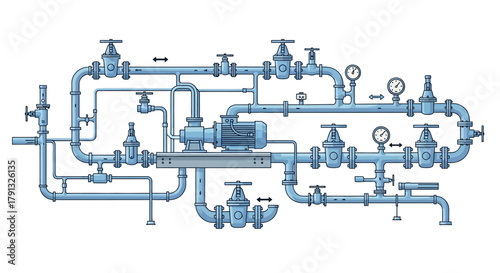 Industrial water pump station with a complex network of pipes, valves, and pressure gauges. Technical vector illustration of a plumbing system