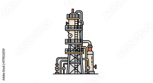 Vector illustration of an industrial oil refinery tower with a distillation column, representing chemical processing and energy production