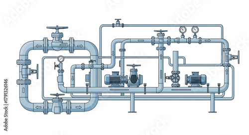 Detailed vector illustration of an industrial pumping station, a complex network of pipes, valves, and gauges for fluid process control