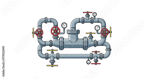 An intricate industrial pipeline system with multiple valves and pressure gauges, depicted in a clean vector illustration style