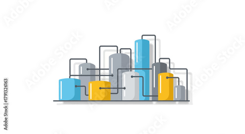 Vector illustration of a modern industrial factory complex with storage tanks and pipelines for manufacturing and production